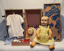 Vintage 17" Sayco magic skin baby doll w/ clothes and vintage Cass trunk