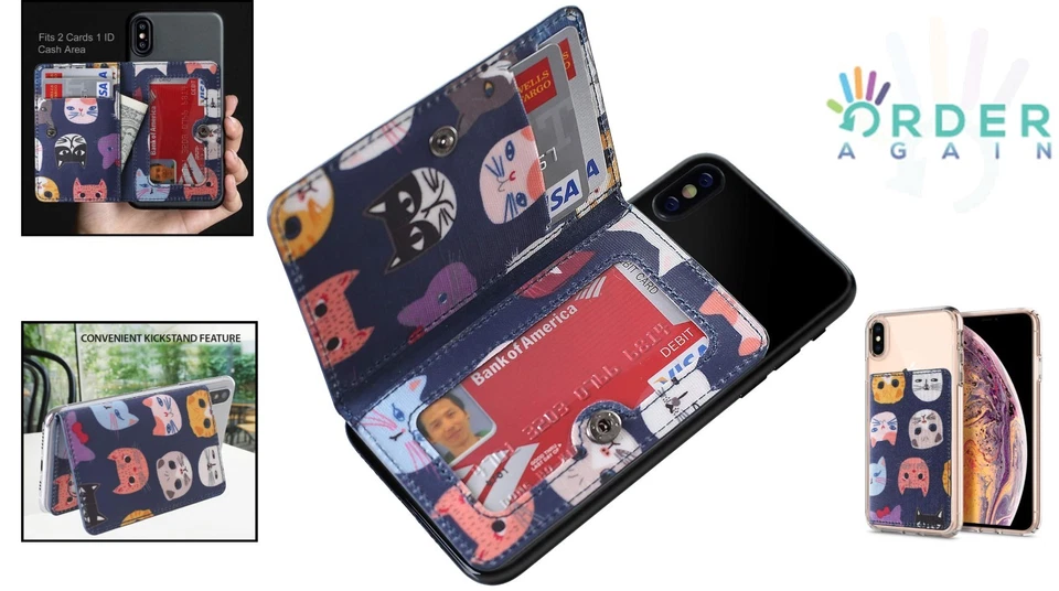 Cartera de cuero para teléfono adhesiva para la mayoría de los teléfonos celulares portatarjetas azul gato Foto 2 de 4