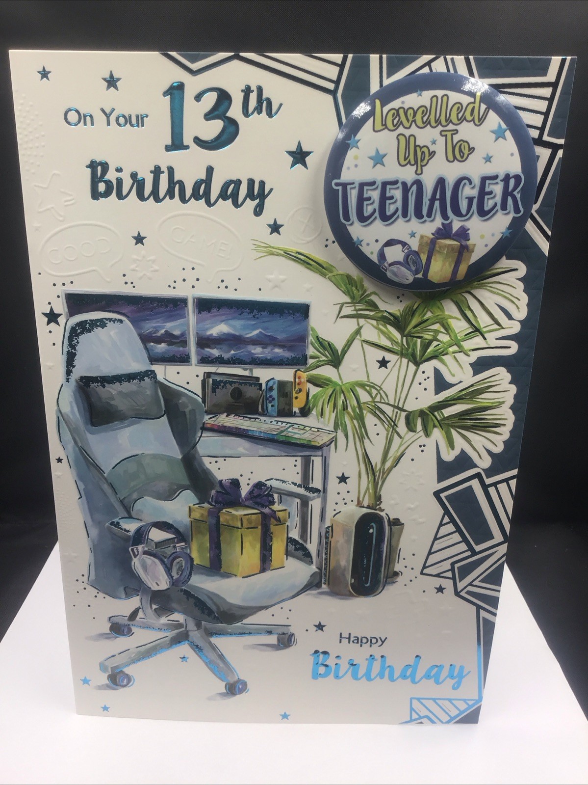 13TH TEENAGER BIRTHDAY CARD WITH BADGE (9""X 6"") GAMER VIDEO GAMES HEADSET AGE 13