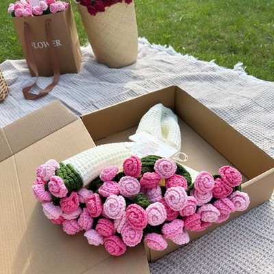 Harfirbe Pink Rose Crochet Flower Bouquet Blanket 39in Acrylic Fiber