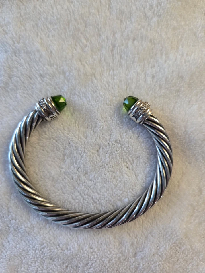 David Yurman 7mm Peridot and Diamond Cable Bracelet 925 M Adjustable - Image 4 of 4