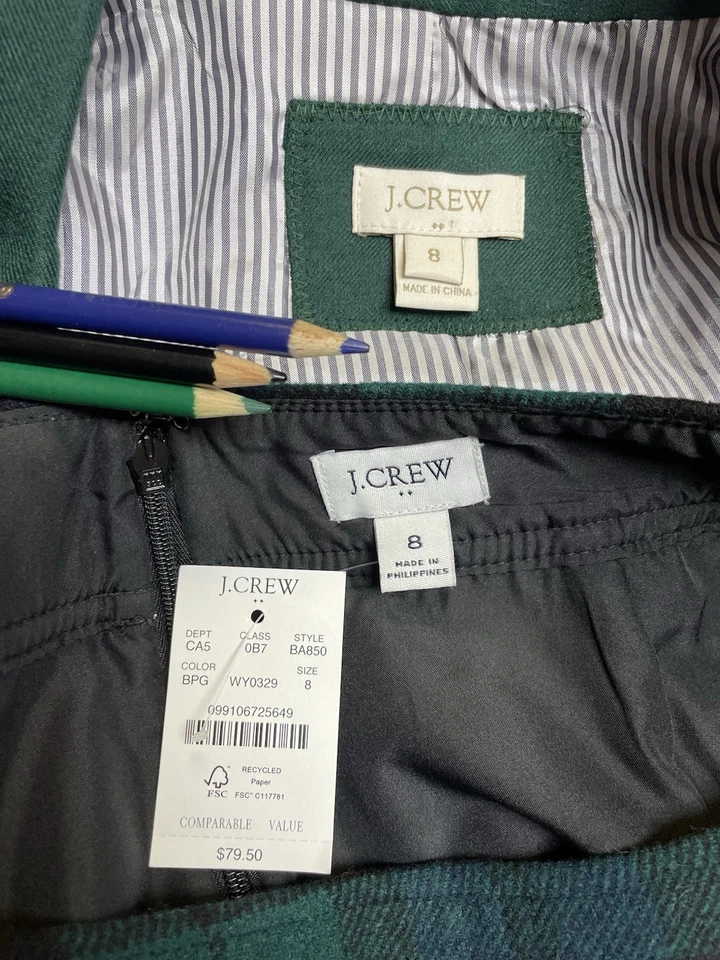 J Crew 裙子套装 8 码适合 6 件套黑色手表格子呢格子羊毛 — 第 2/4 张图片