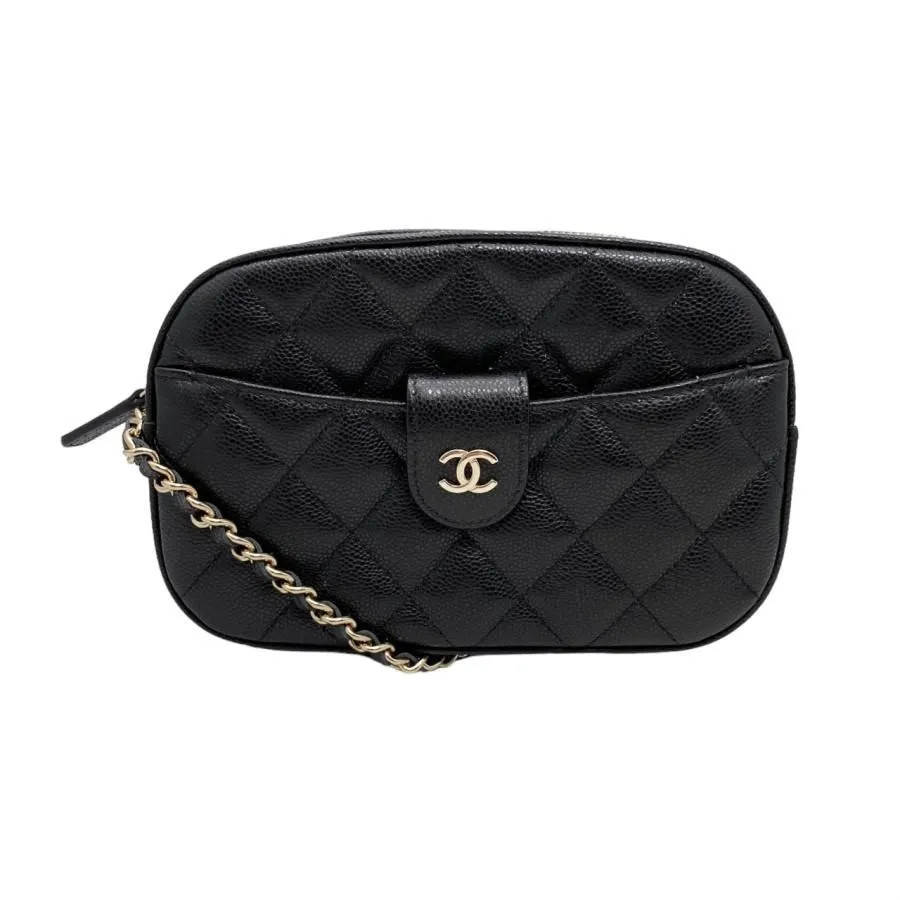 Chanel Shoulder Bag Chain Wallet Matelasse Caviar Skin Coco Mark Black Gold-image