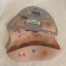 Baby Girl Pink Silicone Bib Ages 0-6 Months Hearts Sun Rainbows Noon  Stars NWT