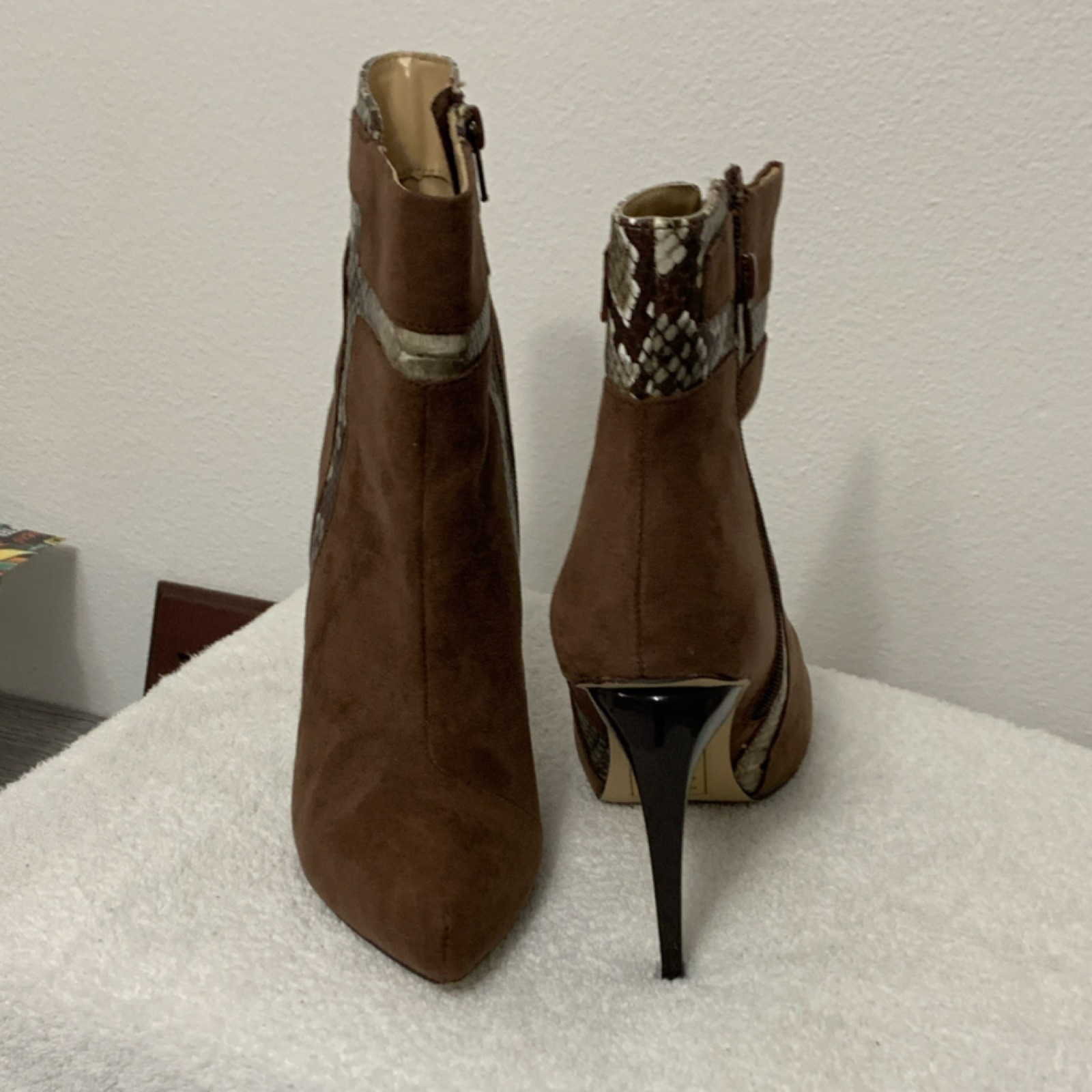 Izabella Rue Mare Brown Snake Print Suede Pointed Toe Stiletto Ankle Bootie