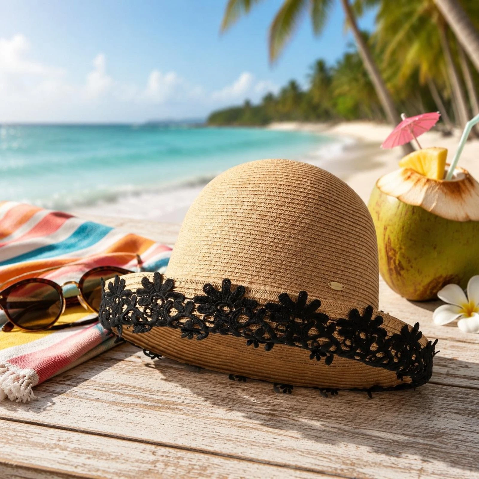 Flower Woven Hat Face Shield Wide Edge Woven Hat Holiday & Design for Women