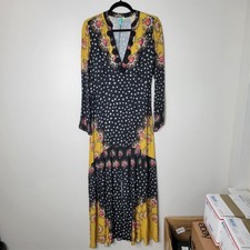 Farm Rio M Floral-Blocked Maxi Dress Black & Yellow Deep V-neck LS Slit Front