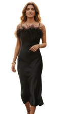 Sleeper Black Feather Trim Midi Slip Dress NWT - Size L