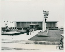 1964 Taj Mahal Machine Shop Equipment American Flag Building People Photo 8x10
