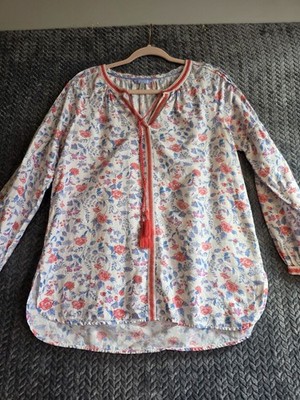 Womens Joules Floral Pattern Tassel Top Blouse Size 8 Cream Pink Blue V Neck