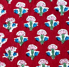 Red Blue Floral Indian Block Print By the Yard Fabric for Sewing Dressmaking
