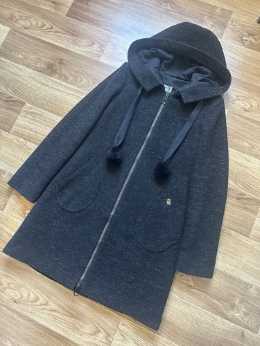 Vintage Cop Copine Hooded Wool Blend Coat Jacket Black Salt Pepper Manteau Size  - Bild 5 von 17
