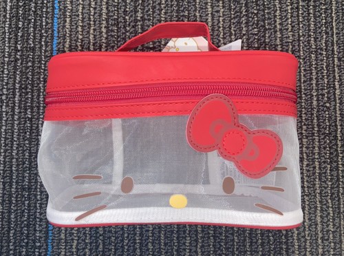 NWT MINISO HELLO KITTY WITH RED BOW MESH TRANSPARENT QUADRATE BARREL MAKEUP BAG - Picture 9 of 12