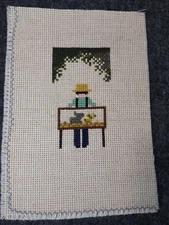 Unframed Completed Embroidered Small Cross Stitch Amish Boy with Animals