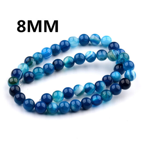 Natural Blue Agate Gemstone Stripe Round Beads 15.5'' Strand 6mm 8mm 10mm 12mm - Picture 2 of 11
