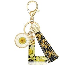Alphabet Initial Letter Keychain Tassel Sunflower Initial Key Ring Style 1- L