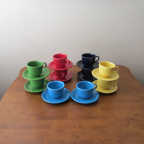 Set of 10 Homer Laughlin FIESTA Cups & Saucers: Blue, Green, Yellow & Red