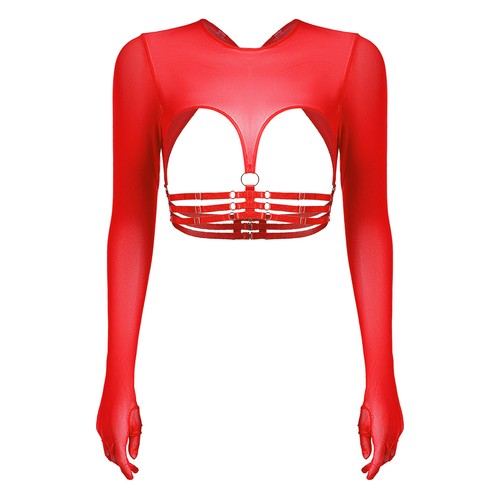 Sexy Women's Mesh T-Shirt Open Cup Bra Top Ruffle Skirt Built-in Thongs Clubwear - Picture 14 of 76
