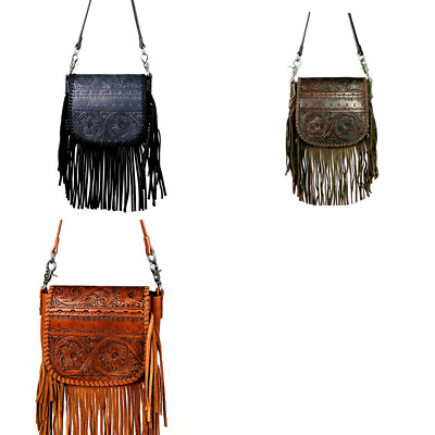 Handtasche Schultertasche Westerntasche Montana West Echt Leder Feder Fransen