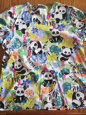 Cherokee Panda/Breast Cancer Scrub Top Lg  EUC  Multicolored