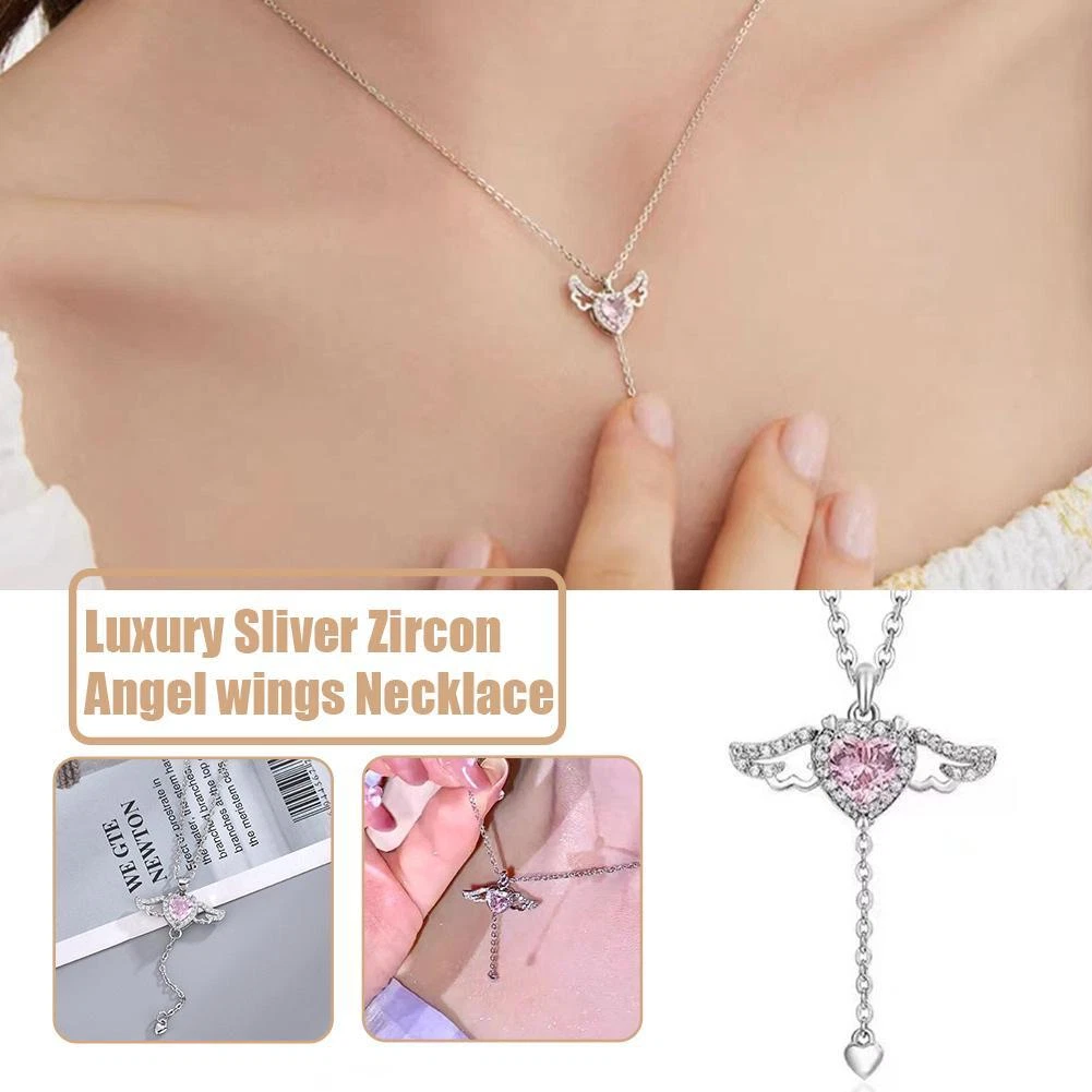 Pink Crystal Angel Wing Heart Pendant Necklace Pearl UK Hot New