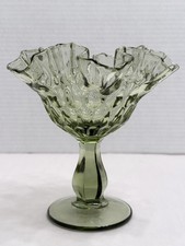 Fenton Glass Thumbprint Green 6" Compote Double Crimp Ruffle Made in USA