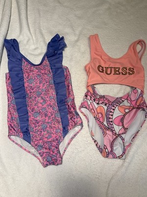 GUESS Girls' Pink Floral One Piece Swimsuit with Ruffles & pink and purple