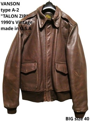 Vintage 1990's Vanson A-2 Leather Flight Jacket Size 40 Brown Length 64cm