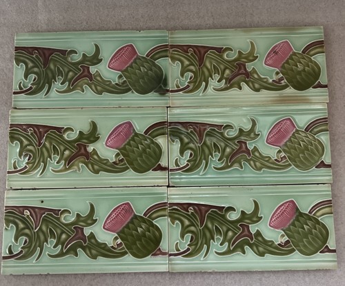 Antique Japanese Majolica Border Tiles Saji Thistle Art Nouveau 6x3 Lot of 6