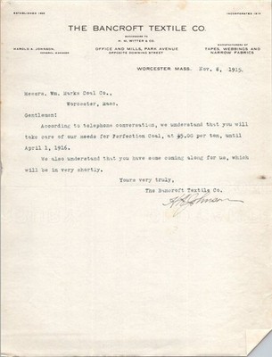 1915 Bancroft Textile Co. Worcester MA Typed Letter Signed Ephemera