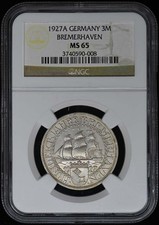 1927A GERMANY BREMERHAVEN Silver 3 Marks NGC MS65