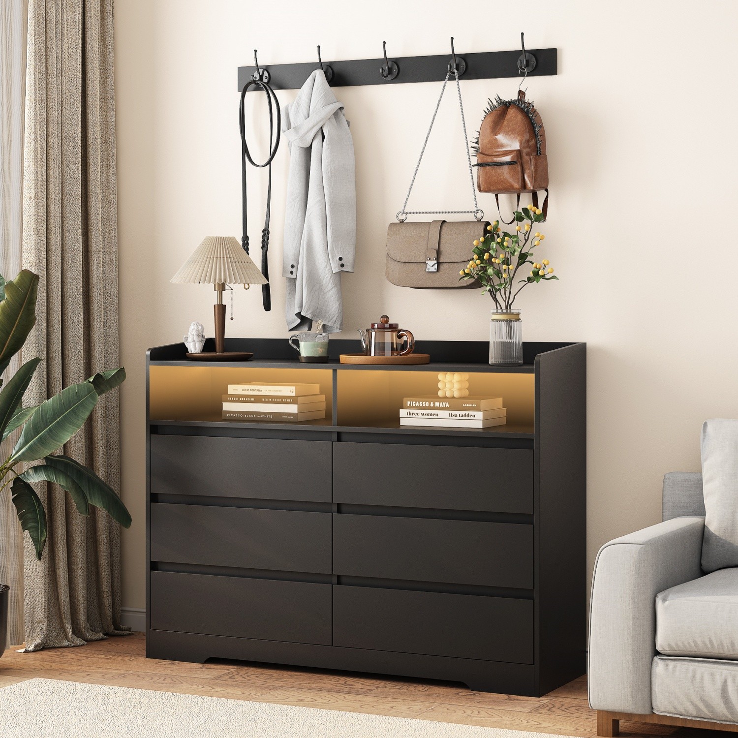 6 Drawer Dresser Storage Cabinet Chests of Drawer w/ LED Lights & 5 Hooks Black