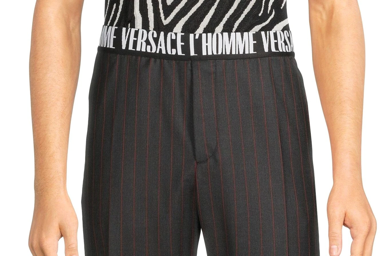 Pantaloni pantaloni Versace a righe grigi con logo in vita 100% lana nuovi con etichette $1 195 nuovi con etichette taglia 32 48