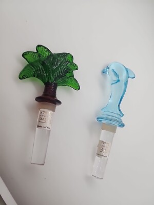 Fifth Avenue Crystal Wine Stoppers, Palm Tree and Dolphin. New.