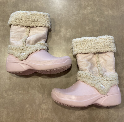 Crocs~Nadia Pink With Sherpa Accent Youth Boots Size J 2-4, Excellent Condition!