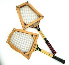 2 Sportflite Vintage Wooden Tennis Racket Black and Green with Presses