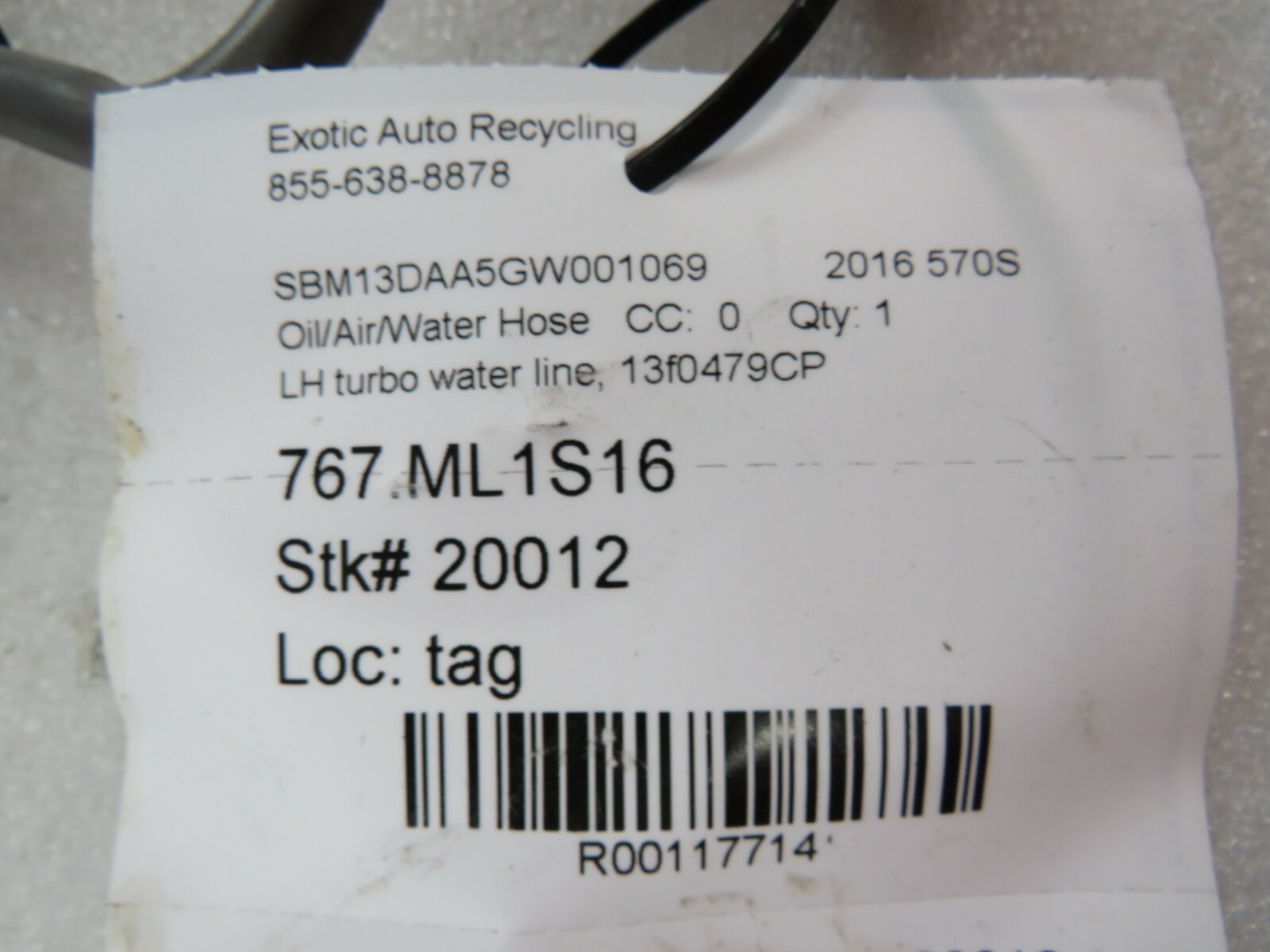 McLaren 570S, LH, Left Turbo Water Line, Used, P/N 13f0479CP