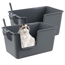 Kekow 2-Packs High Sides Plastic Cat Litter Boxes Open Top w/ Free Scoops, Gray