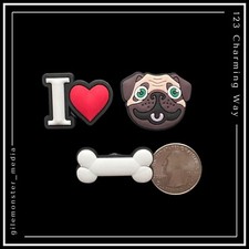 3 Shoe Charms for Crocs PUG DOG Bone I Heart Love Encanto del Zapato Perro