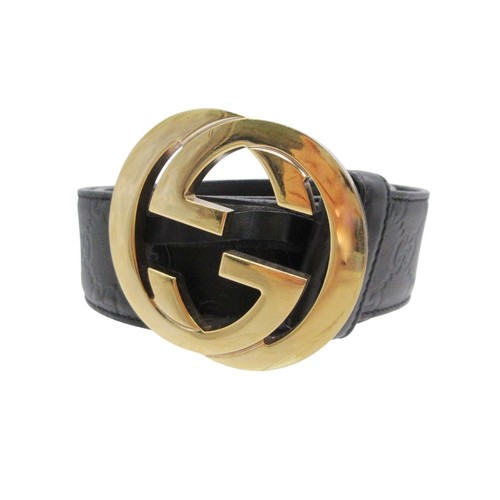 Gucci Belt Authentic Men Black Leather Interlocking GG Pattern Size 85/34