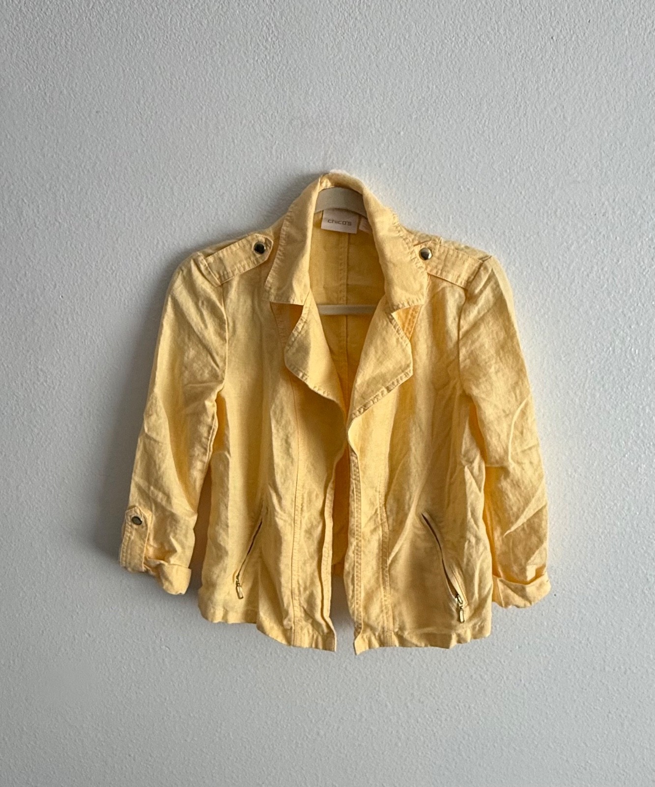 Chico’s Women’s Open Front Yellow Casual Linen Blazer with Pockets Size 0