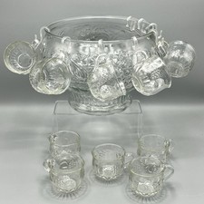 Vintage Jeanette Pressed Glass Punch Bowl 10 Cups 8 Hooks Fruit Design Large