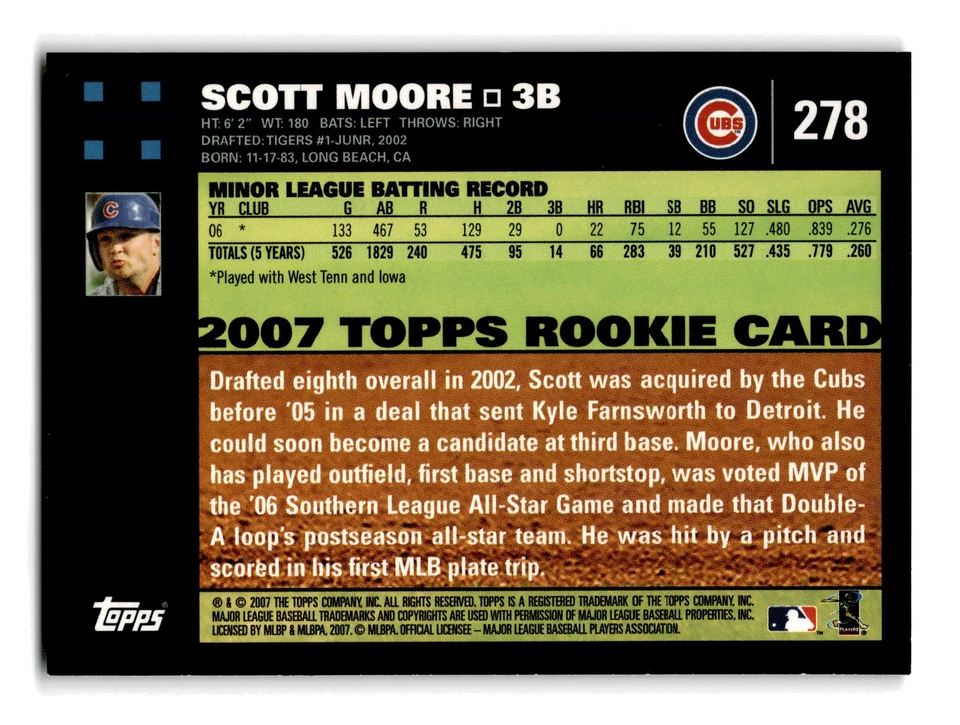 Scott Moore RC Rookie 2007 Topps #278 Chicago Cubs NM-MINT - Image 2 of 2
