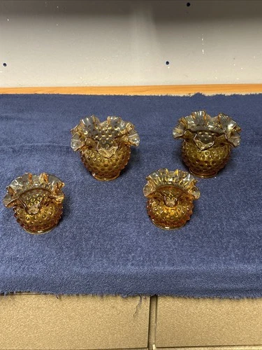 Lot of 4 Vintage FENTON AMBER GLASS BASKET Vase, Dish! B1