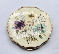 Vintage Stratton Compact, Floral Enamel with Gold tone Scalloped Edges