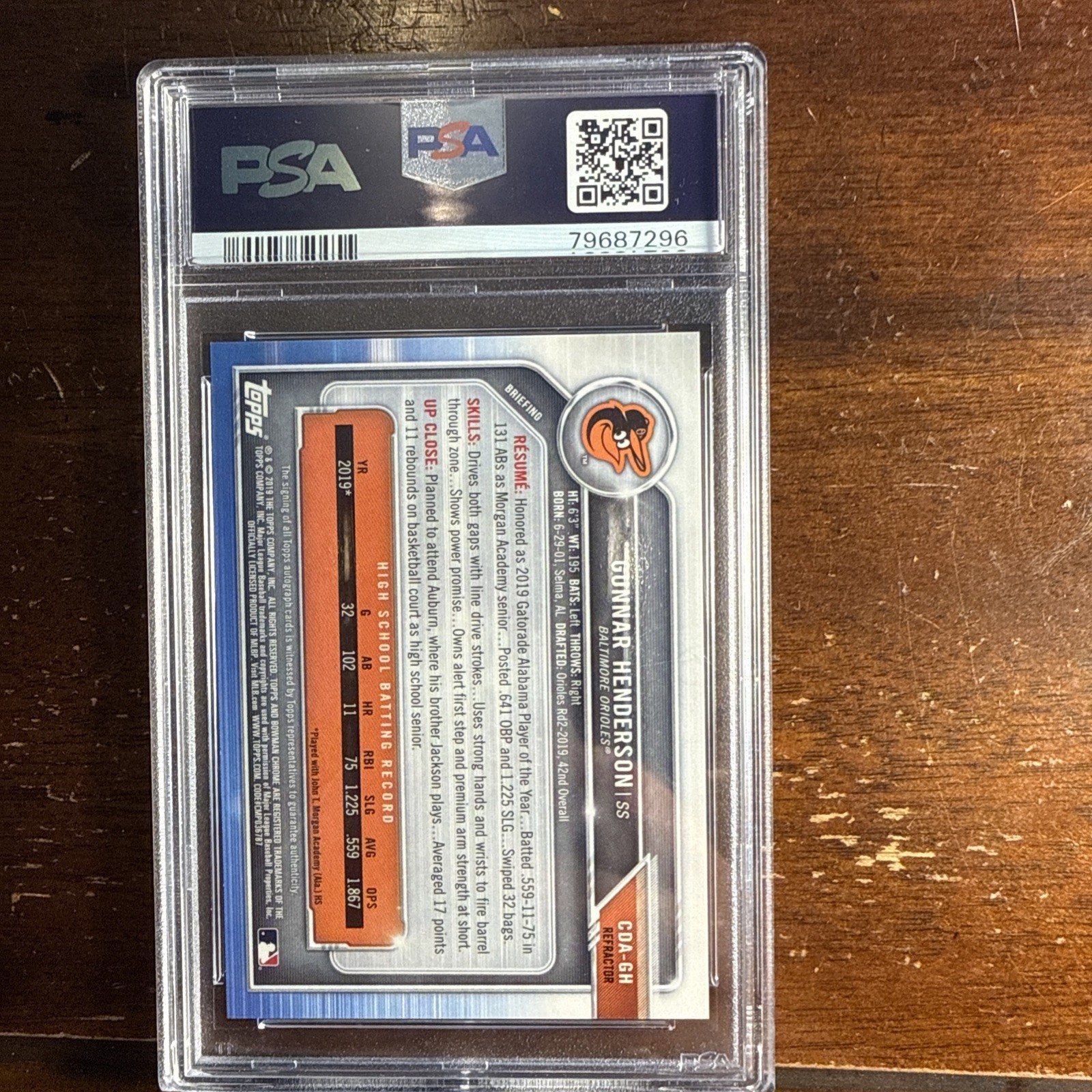 PSA 10 GUNNAR HENDERSON AUTO 1st 2019 Bowman Chrome REFRACTOR 180/499 GEM MINT view 2