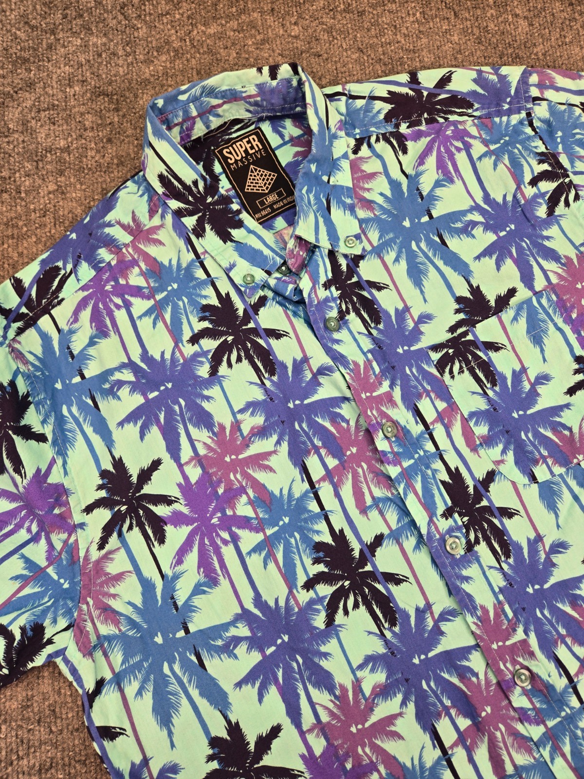 Super Massive Hawaiian Shirt Mens Large Neon Palm Tree Tropical Button Down