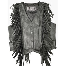 Frontier Leathers Black Leather Fringe Vest Braided Lace Up Back Womens Large