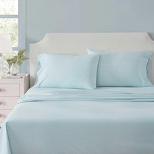 Martha Stewart Full Size Sheets Set Cotton Percale Gingham Blue Cooling Bed Shee