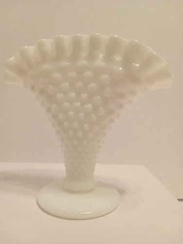 Vintage Fenton Hobnail White Milk Glass Fan Vase 4" Ruffled Crimped Rim